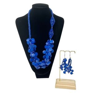 Beautiful Statement Necklace & Earrings Set, Royal Blue Color Wood